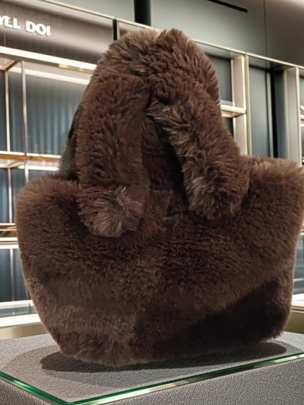 New SKIMS Plush Faux Fur Tote Bag in Deep Espresso Brown Dual Handle